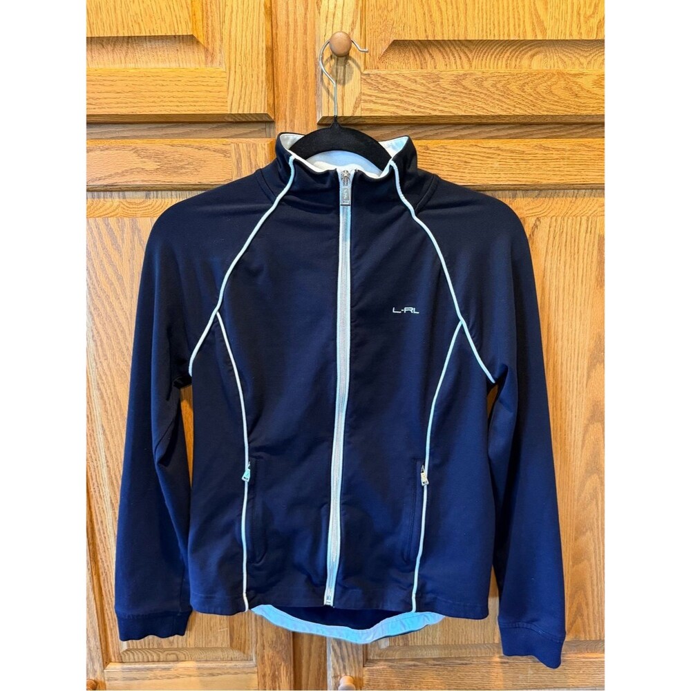 Lauren Ralph Lauren Black Zip-Front Track Jacket with White Trim Cotton Blend